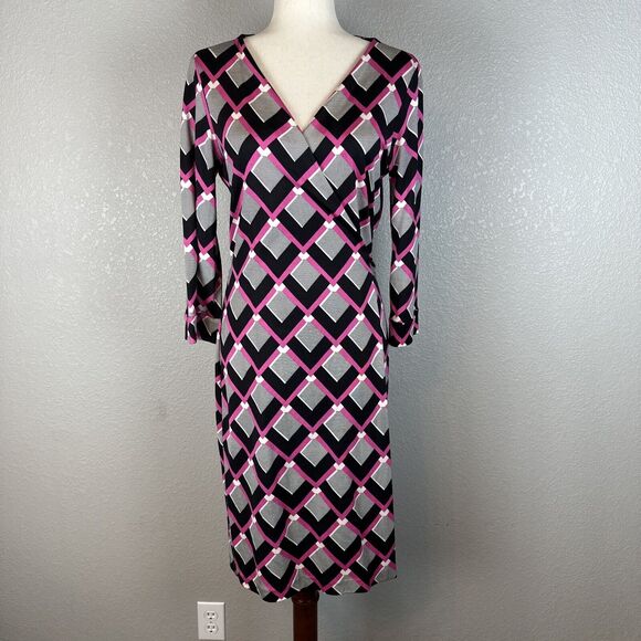 Diane Von Furstenberg Julian Two Wrap Dress Size 12 Square Tips Pink Black Silk - Picture 1 of 10
